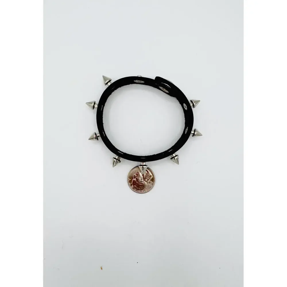 EMO bikers black leather silver tone spikes cuff wrap mens bracelet